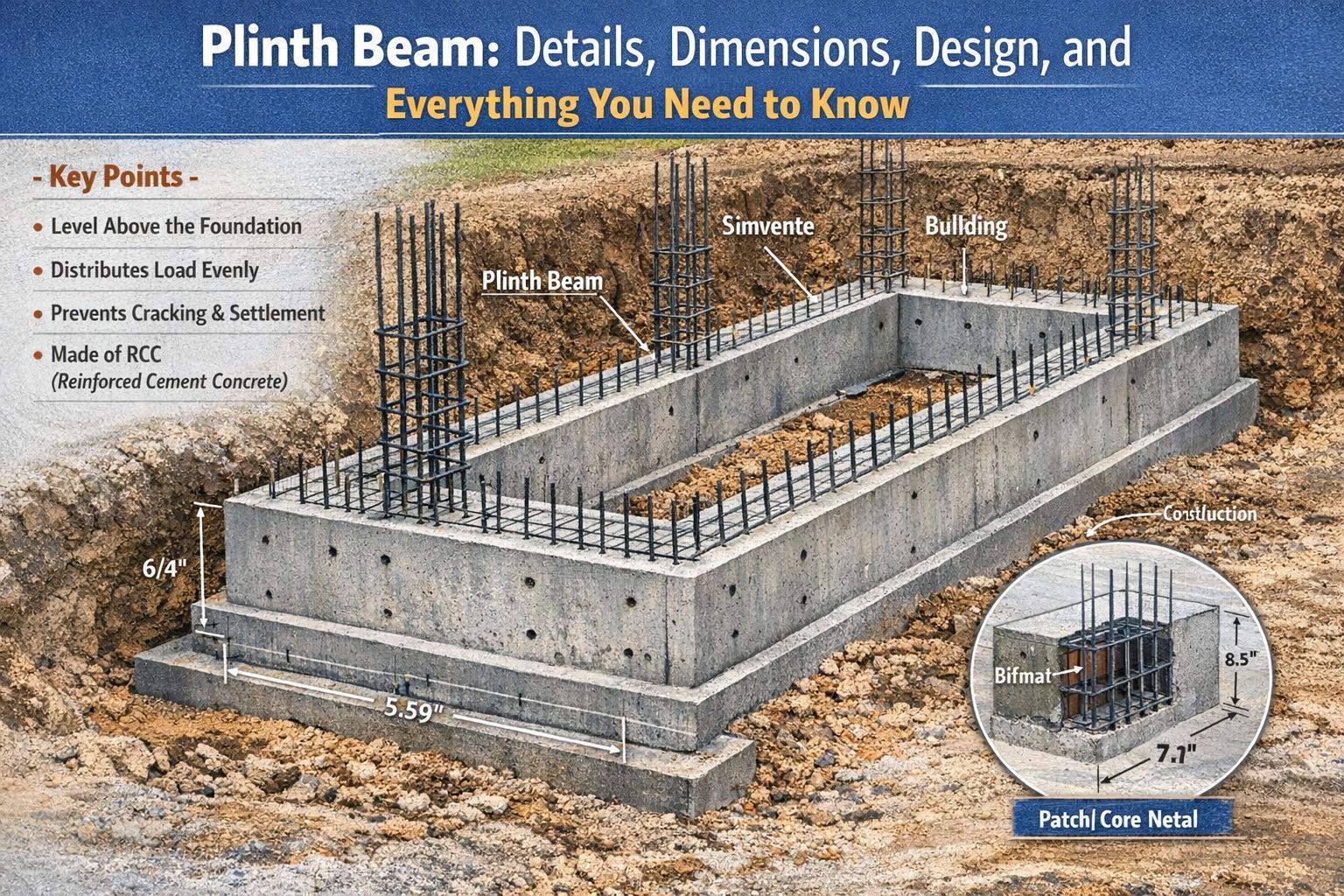 3D realistic illustration of a reinforced concrete plinth beam in building construction showing foundation layout, steel reinforcement bars, dimensions, and key features like load distribution and crack prevention.