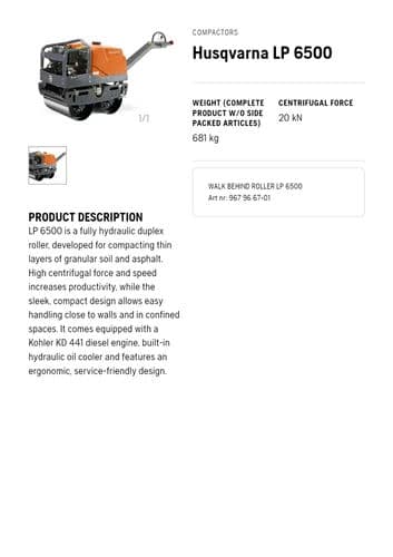 LP 6500 Walk Behind Vibratory Roller Rental 681kg | 7HP Hydraulic Duplex